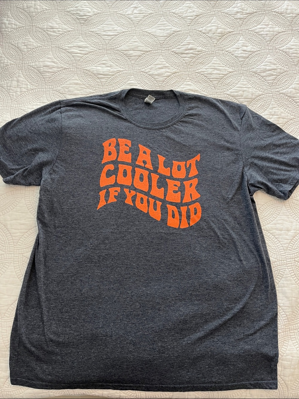 Gildan Dark Blue Short Sleeve Men’s XL Tee with Orange Graphic Movie Slogan